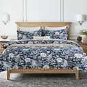 DAUAOTO King Size Patterned Duvet Cover Set - 104"x90" Cover + 2 Shams, 100% Cotton Printed Bedding Sets, Dark Garden Pattern, Bloom Floral Blue