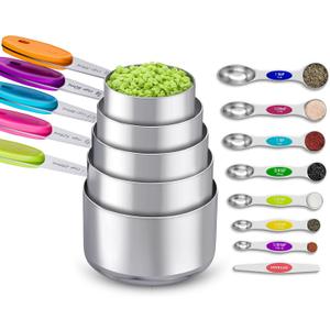 13-Piece Measuring Cups and Magnetic Spoons Set, 5 Stainless Steel Measuring Cups, 7 Double-Sided Magnetic Measuring Spoons & 1 Leveler for Cooking and Baking (5+7+1)