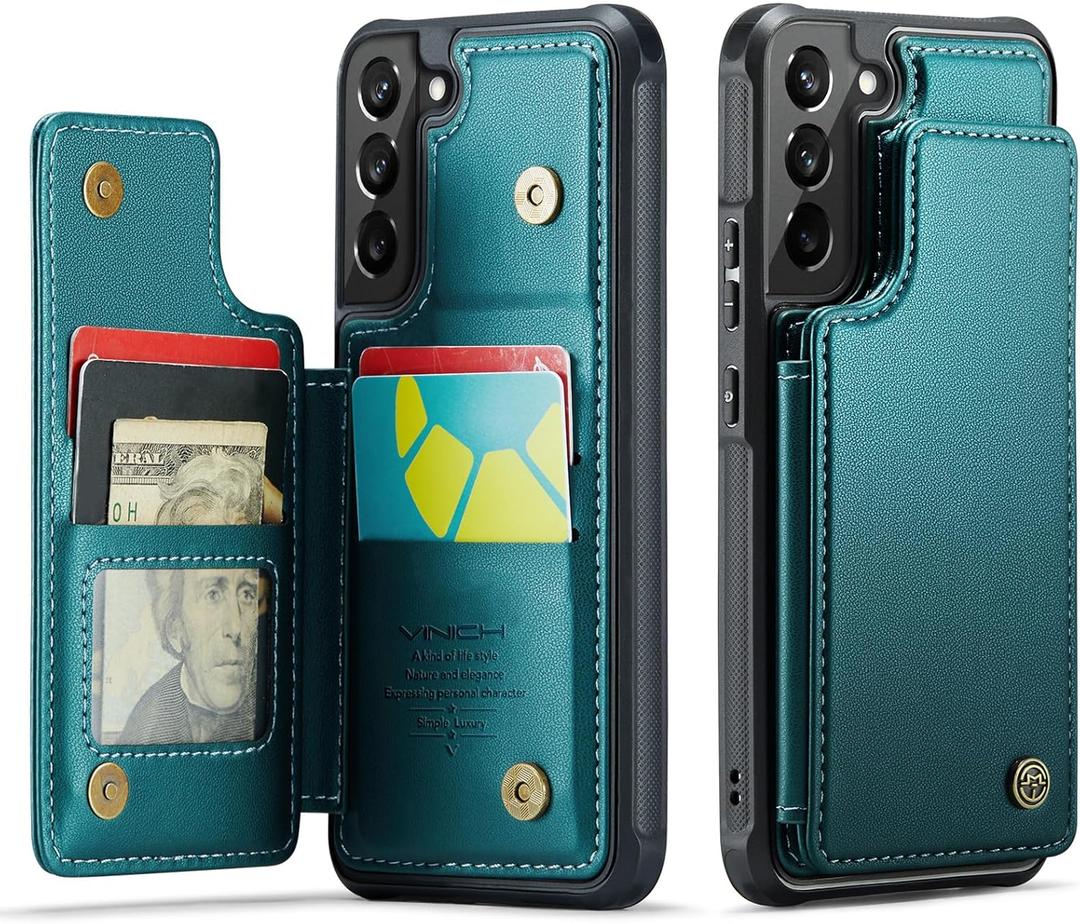 Vinich for Samsung Galaxy S22 Wallet Case with Card Holder, RFID Blocking Credit Slots Kickstand Shockproof Phone Cover for Women Men, Bluish Green