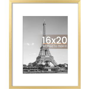 16x20 Picture Frame, Display Pictures 11x14 with Mat or 16 x 20 Without, Wall Hanging Poster Frame, Gold, 1 Pack