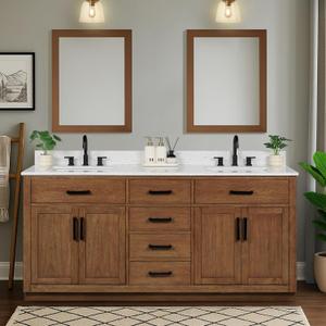 72-inch Dark Walnut Bathroom Vanity with 2 Sinks, Solid Wood, 0.79-inch Stone Countertop and Backsplash, 6 Drawers, 4 Soft Closing Doors