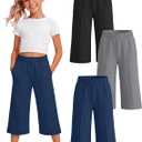 3 Pack Girls Capri Pants with Pocket, Summer Wide Leg Pants, Back to School Clothes for Kids Teen 5-14 Y