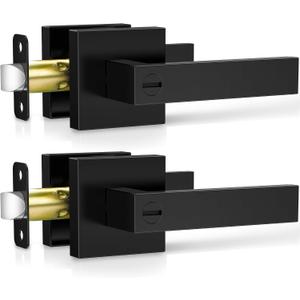 Plustool 2 Pack Matte Black Door Handles Interior, Keyless Interior Door Knobs, Privacy Door Locks for Bedroom Bathroom, Heavy Duty Square Door Lever Locksets, Reversible for Left&Right Handled Doors