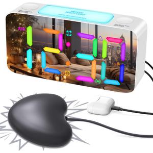 RGB Extra Loud Alarm Clock for Heavy Sleeper Hearing Impaired Deaf Bedroom, Vibrating Alarm Clock with Bed Shaker, 15-Color Modes/ 7" Large Mirror Display/ 4 Dimmer, Night Light, USB Charger, Battery Backup