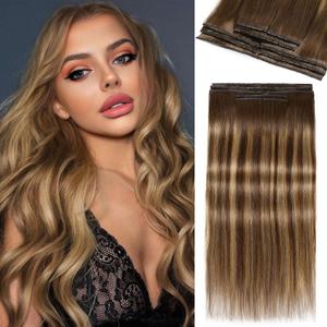 LADY MIRANDA Double Layered PU Invisible Hair Extensions 100G 18 Inch Brown Highlights Honey Blonde Invisible Weft Human Hair Extensions 8PCS Long Tape in Weft with Micro Beads(T4/27, 18 Inch)