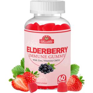 3 x Elderberry Immune Gummies, Daily Immune Support for Adults, with Vitamin C, Vitamin D3, Zinc, Gluten Free, Vegetarian, Strawberry Flavor,60 Gummies