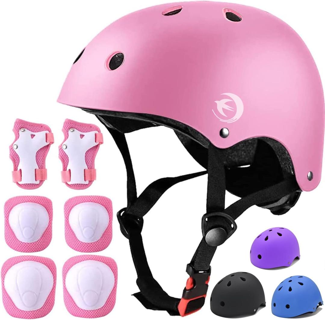 Kids Helmet Set with Knee Pads Elbow Pads Wrist Guards,Adjustable Helmet for Toddler Kids&Youth,3~14yrs Girl Boy Kids Protective Gear Set for Roller Skate Scooter Inline skatings Longboard (Small:18.9''-21.3'' / 3-8 year, pink)