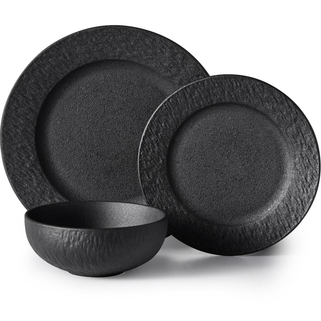 Black Dinnerware Sets, 24-Piece plates and bowls sets, Matte Marble