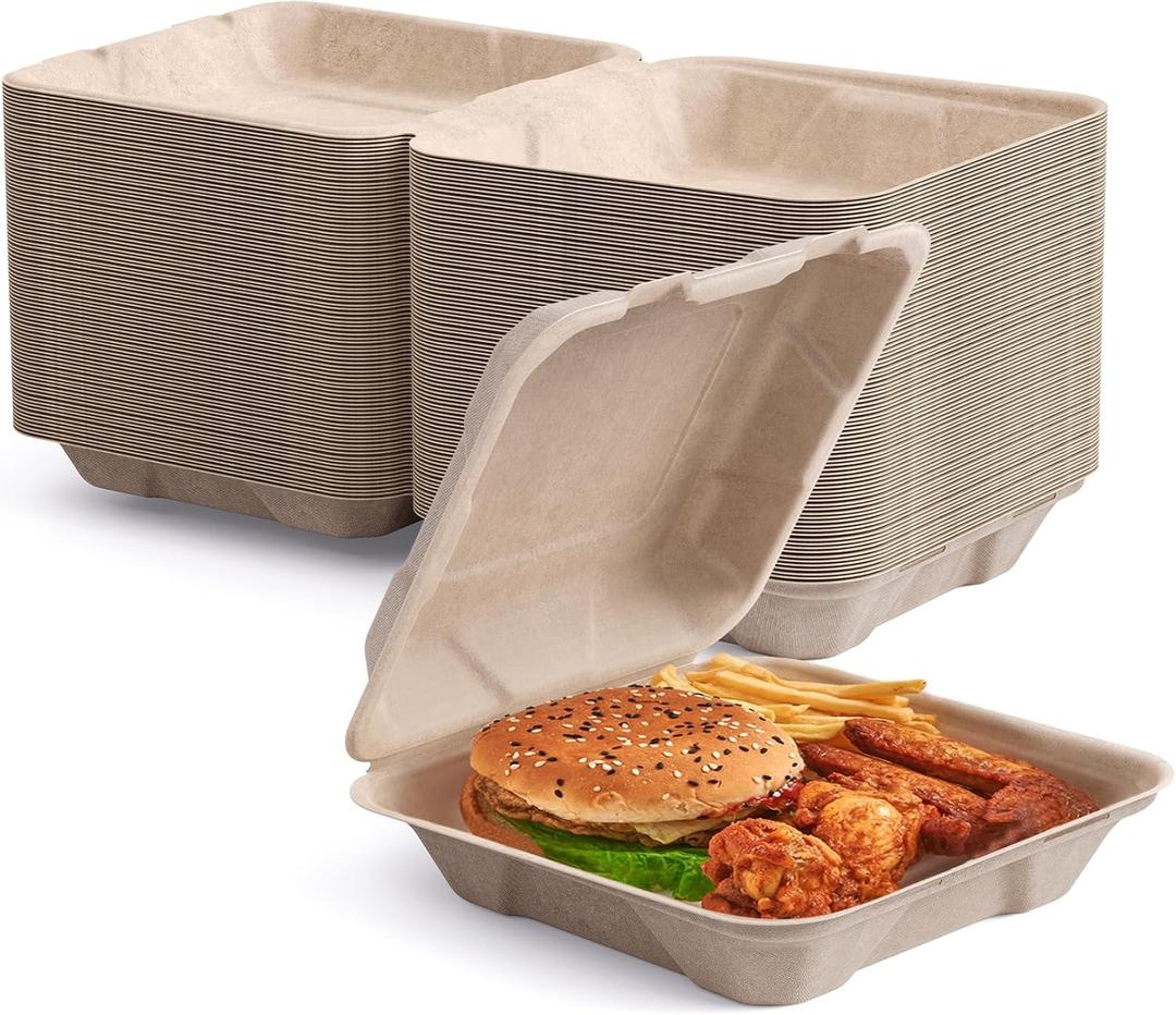 ECOLipak 50 Pack Clamshell To Go Containers, 100% Compostable Disposable Take Out Food Containers, 8X8 inch Heavy-Duty To Go Boxes, Eco-Friendly Biodegradable Take Out Containers For Food