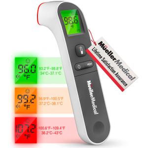 Mueller Non-Contact Infrared Thermometer for Adults and Kids Thermometer for Fever Body and Surface Memory Recall Auto Power-Off with Backlight Indicator Gray