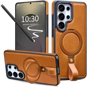 Butaiga for Samsung Galaxy S26 Ultra Case Leather with Stand, Anti-Slip Grip Ring, Fits for MagSafe (Brown, S26 Ultra)
