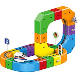 Electric Train Set, Flexible Track Fusion Train Set, DIY Race Car Track Building Kits with Train and Traffic Signs, for 4-10 Year Old Boys Girls Christmas Birthday Party Gifts (51pcs)