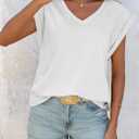 Cicy Bell Womens Summer Cap Sleeve T Shirts Casual V Neck Tops Loose Fit Basic Tees (White, L)