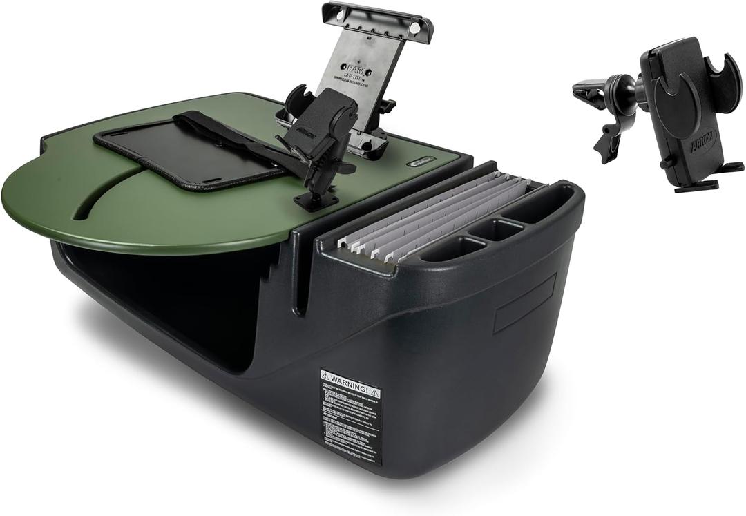 AutoExec Roadmaster Car Desk and Portable Workstation with Phone Mount, Tablet Mount and Phone Vent Clip, Army Green