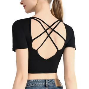Ama Larsi Crisscross Back Workout Crop Tops for Women Short Sleeve Yoga Slim Fit Athletic Shirts with Built in Bra (Medium, Black)