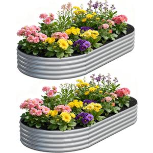 zizin 2 Pack Oval Galvanized Raised Garden Bed Kit 8x4x1ft Large Metal Planter Box for Outdoor Vegetables, Silver