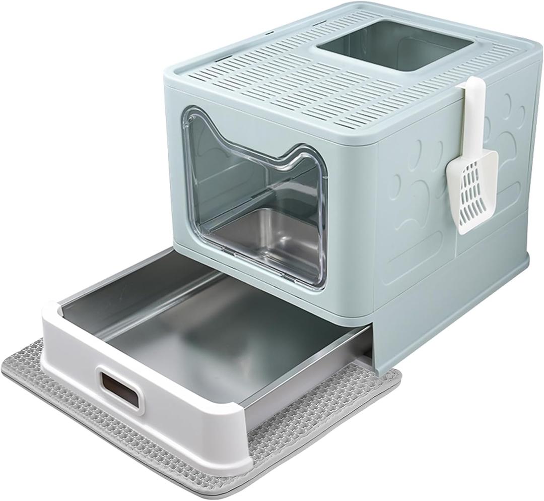 Enclosed Cat Litter Box with Lid Top Exit Covered Metal Stainless Steel Litter Box Leak Proof & Odorless Easy to Clean Including Cat Litter Scoop and Litter Mat