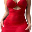 Foxiny Sexy Chain Sheer Mesh Ruched Bodycon Mini Lingerie Dress with Thong 2 Piece Set Outfits (Bright Red, XL)