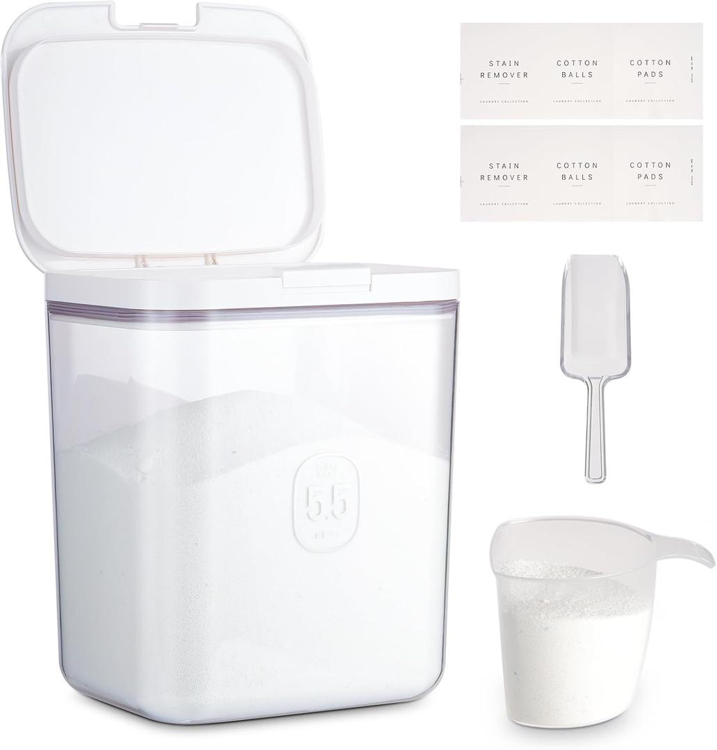 Large Capacity Laundry Powder Container With Pop-Up Lid, 5.5L Detergent Holder for Laundry Pods and Airtight Dishwasher Pod, Storage Container for Dry Food, Rice Flour with Scoop and Measuring Cup