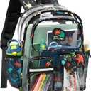 Bagseri Clear Backpack for Boys - 15 Inch Clear Bookbag for Kids Aged 3 to 8, Heavy Duty Transparent Backpack for School, Multiple Pockets, Safe Reflective Strip, Black Dinosaur