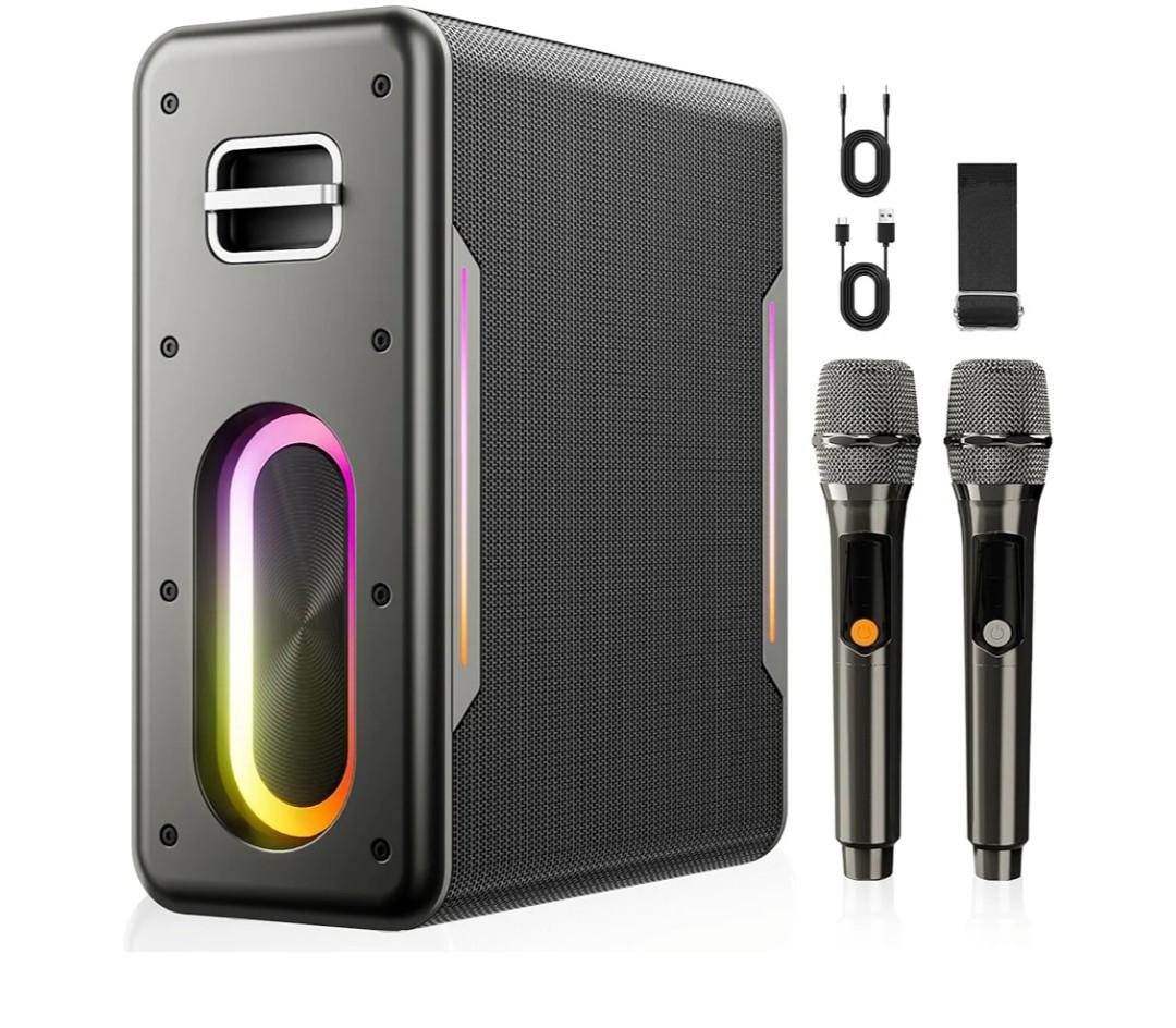 Karaoke Machine with Two Wireless Microphones, Powerful Portable Bluetooth Speaker for Adults & Kids, PA System with 2 Voice Mode, LED Lights, Supports BT/TWS/AUX/USB/TF for Party