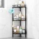 Standing Shower Caddy Corner - 3‑Tier Stainless Steel Shower Organizer Shelf with 12 Hooks and Adhesive Pads, Rustproof Corner Shelves Stand Rack for Bathroom Shower Room, Black