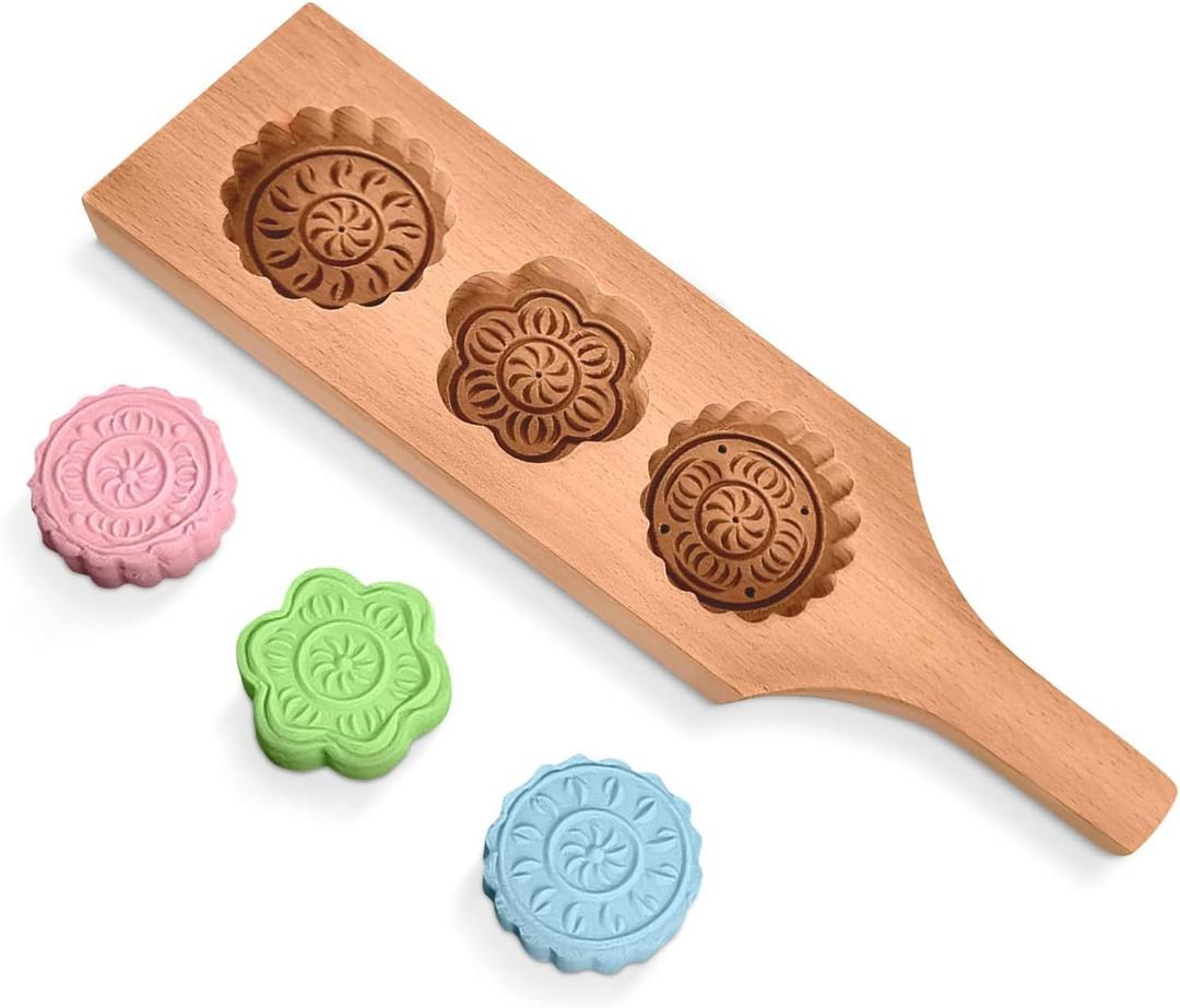 Wooden Cookie Molds for Baking - 11.8" Mooncake Mold in Handcrafted Wood for Shaping Dough - Maamoul Molds with 3 Floral Cookie Stamps for Forming Maamoul, Mooncakes, Shortbread and Festive Cookies