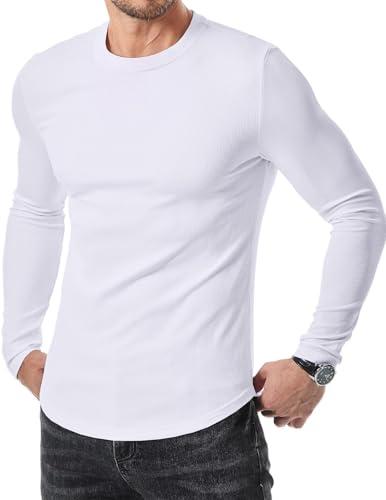 JMIERR Mens Shirts Casual Crewneck Muscle Slim Fitted Workout Gym Athletic T-Shirts Fall Fashion Long Sleeve Shirt for Men, M, White