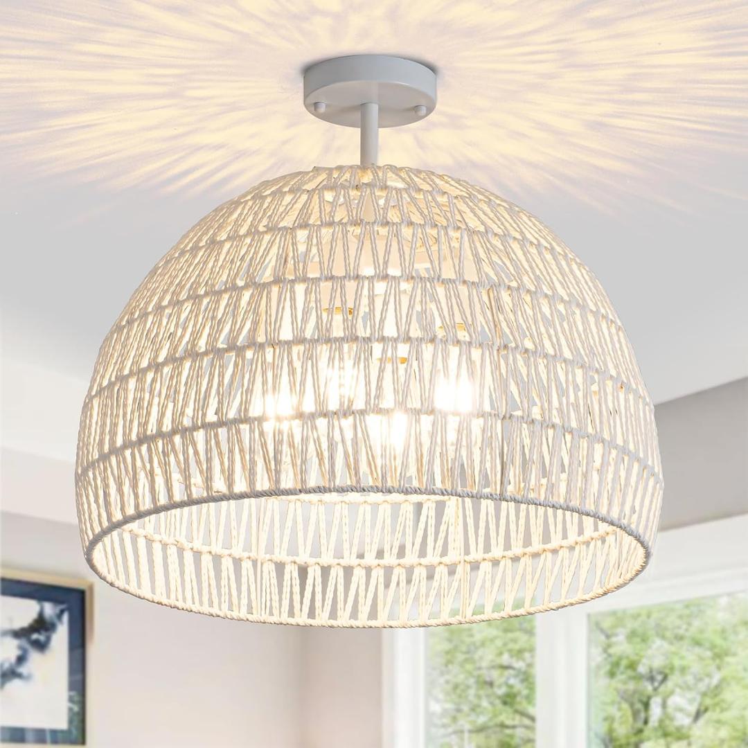 Rattan Ceiling Light Fixture, 4-Light Boho Semi Flush Mount Ceiling Light, 20" Wicker Light Fixture with Handmade Woven Cage Lampshade, Rattan Chandelier for Bedroom Hallway Nursery Kitchen Farmhouse