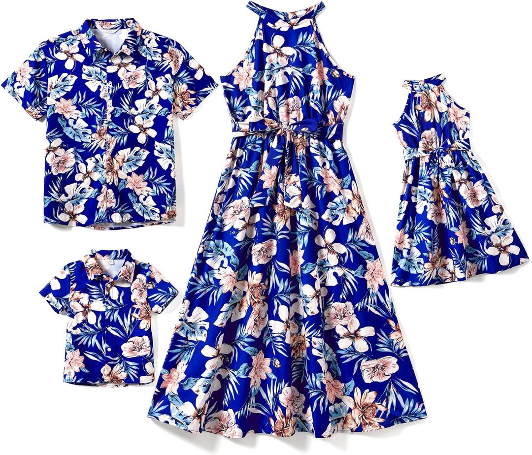 PATPAT Family Hawaiian Matching Outfits Mommy and Me Outfits Caribbean Vacation Summer Tropical Halter Sundresses and Shirts (8-9 Years, Deep Blue)