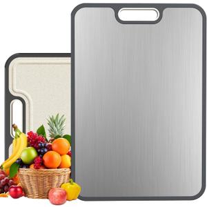 Stainless Steel Cutting Boards for Kitchen,Cutting Board Double Sided,304 Stainless and Wheat Straw PP Chopping Board,Non slip Easy to Clean Kitchen Cutting Board,Dishwasher Safe,Non Toxic (16*11 In)