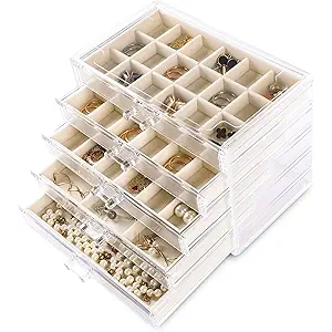 Frebeauty Acrylic Jewelry Organizer Earring Organizer Box with 5 Drawers Earring Holder Organizer with Velvet Trays Clear Jewelry Box for Women Earring Display for Rings Studs(Beige)