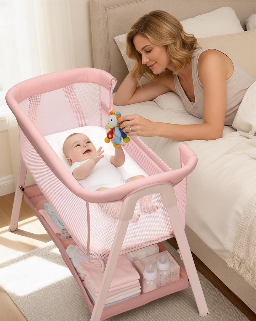 JevrJeur Baby Bassinet, Bedside Bassinet for Baby, Pink | Bassinet Bedside Sleeper with Mattress, Storage Basket and 4 Auto-Lock Wheels, Full-Mesh Sides, Bedside Mini Crib for Newborn