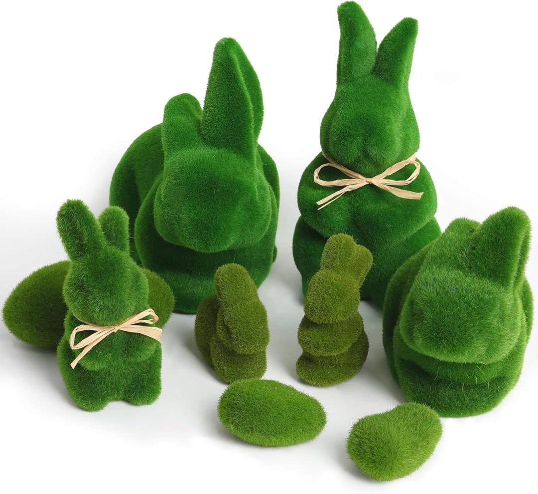 2 x 9pcs Easter Moss Bunny Decorations for Home, Includes 6 Green Faux Moss Bunnies and 3 Green Faux Moss Stones for Easter Mantel Table Decorations, Flocked Bunny Figurines for Spring Decor