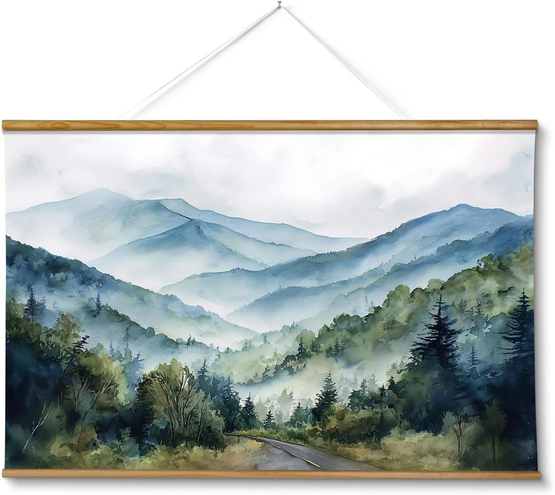 ARPEOTCY Extra Large Vintage Framed Wall Art, 36x54 Inch Watercolor Blue Ridge Mountains Forest Landscape Hanging Framed Canvas Print Art for Living Room Bedroom, Farmhouse Above Bed Wall Decor