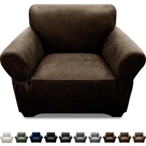 Single Sofa Cover Leather Look Chair Covers for Living Room 1-Piece Sofa Chair Covers with Arms Stretch Furniture Protector with Elastic Bottom & Pockets(Armchair, Coffee)