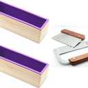 2 Pcs Flexible Rectangular Soap Silicone Loaf Mold Wood Box for 42oz Soap Making Supplies with 2 Stainless Steel Wavy & Straight Soap Mold Loaf Cutter Cutting Tool (Purple)