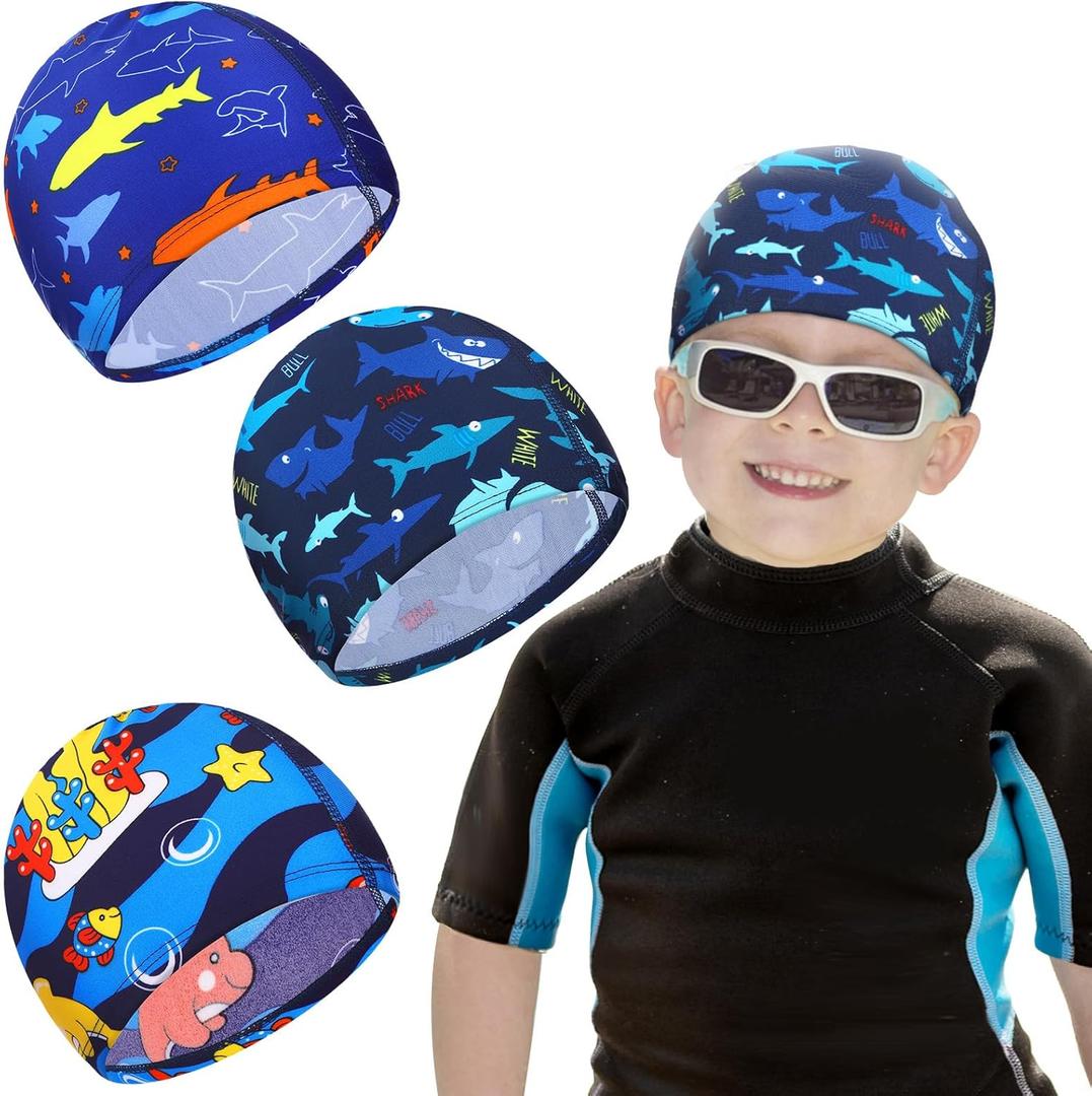 Geyoga Kids Swim Caps 3 Pieces Bathing Swimming Hats Unisex Polyester Bathing Pool Cap Summer Swim Caps for Boys Girls Long Short Hair