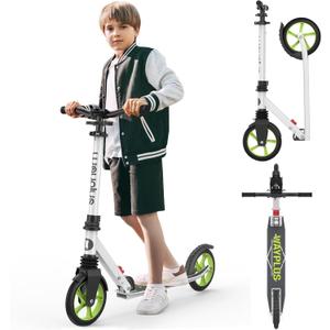 Kick Scooter for Ages 6+,Kid, Teens & Adults. Max Load 240 LBS. Foldable, Lightweight, 8IN Big Wheels for Kids, Teen and Adults, 4 Adjustable Levels. Bearing ABEC9 (Green White)