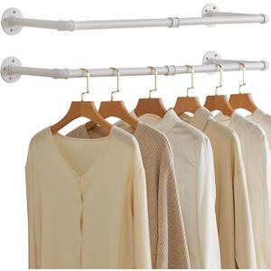 IBUYKE Industrial Pipe Clothes Rack Set of 2, 37 Inch Wall Mounted Clothing Rack, Space-Saving Hanging Closet Rod, Heavy Duty Multi-Purpose Garment Rack for Closet and Laundry Room, White TYJ001W-2