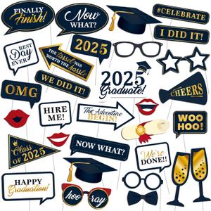 2025 Graduation Photo Booth Props, Black Blue Graduation Decorations for Grad Party Supplies, Upgraded Version with Long Paper Sticks, 2025 Congrats Party Pose Sign-32Pcs