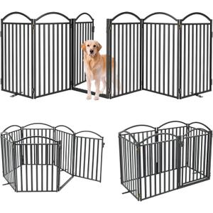 Malier Metal Freestanding Dog Gates with Door, 32'' Height Outdoor Indoor Dog Fences, Extra Wide Foldable Puppy Gate Free Standind Tall Pet Gate for Stairs, Hallways, Doorways, Yard (Black 6 Panels) (6 Panels with Door144''W  32''H)