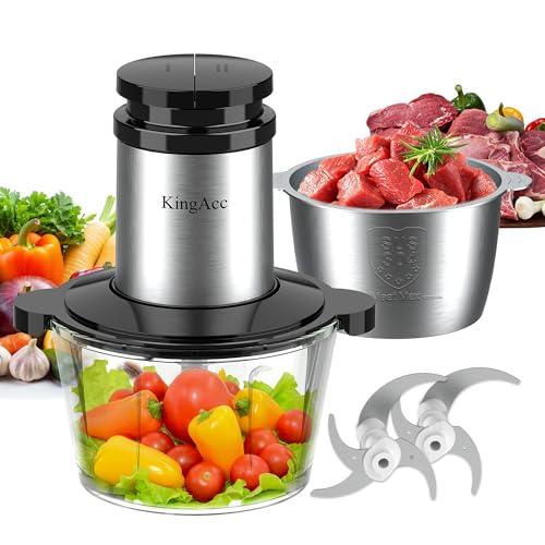 KingAcc Food Processor, 8-Cup 500W Meat Grinder & Mini Electric Vegetable Chopper with Copper Motor, 2 Blades & Dual Bowls (Glass+Stainless Steel), Overheat Protection for Baby Food/Meat/Home Kitchen