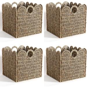 Scalloped Wicker Storage Cubes Basket, 12x12 Heavy Duty Paper rope/Hyacinth/Seagrass Baskets for Shelves, Foldable Natural Boho Square Bins (Seagrass, 12 x 12 x 12in, 4-Pack)