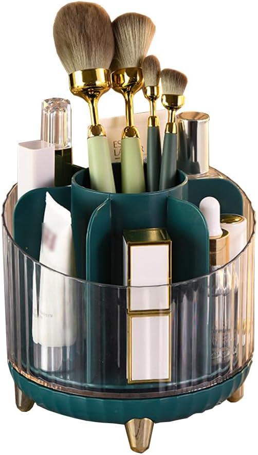 Makeup Brush Holder 360 Rotating Large Capacity Cosmetic Organizer 7 Slot Makeup Organizer Container Desktop Storage Stationery Storage (Green)