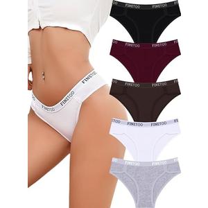 FINETOO Womens Underwear Cotton Cheeky Hipster Panties Sexy Breathable Stretch Underwear Elastic Waistband Bikini 5 Pack L