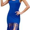 pinziko Women's Summer Swimsuit Beach Dress Bathing Suit Cover Up Vacation Fringe Dresses (Blue)