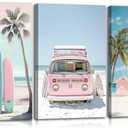 3pcs Framed Pink Coastal Canvas Wall Art Tropical Beach Poster Print Surfboard Palm Tree Van Picture for Beach House Bathroom Living Room Bedroom and More Home Decor 24x16in