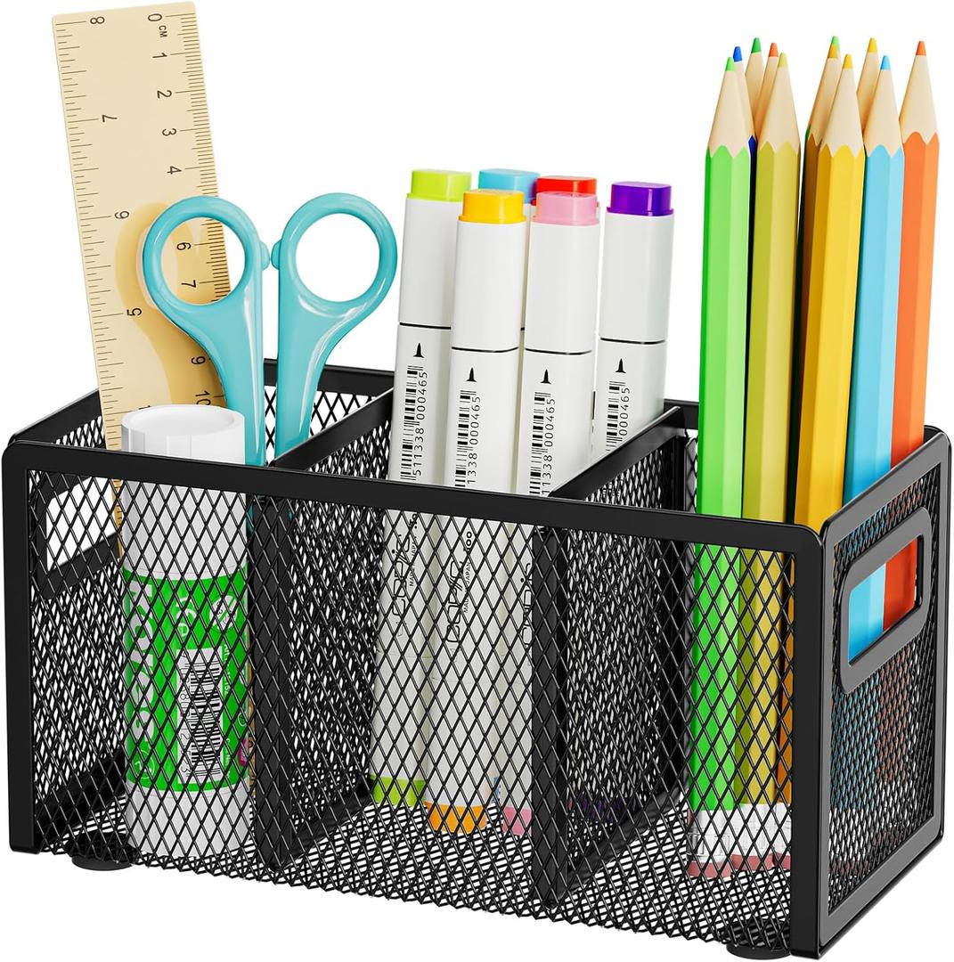Marbrasse Mesh Pen Holder for Desk,Pencil Holder Desk Organizer 3 Adjustable Compartments,Pencil Cup with Handle Perfect for Classroom, Office, Home,Makeup,Art (Black)