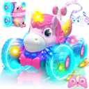 Lehoo Castle Remote Control Car for Girls 360 Rotating, Unicorn Monster Truck with Light & Music, 4WD All Terrain RC Stunt Car Rechargeable, 2.4GHz RC Truck for 3 4 5 6 7 8 Girls Birthday Gift